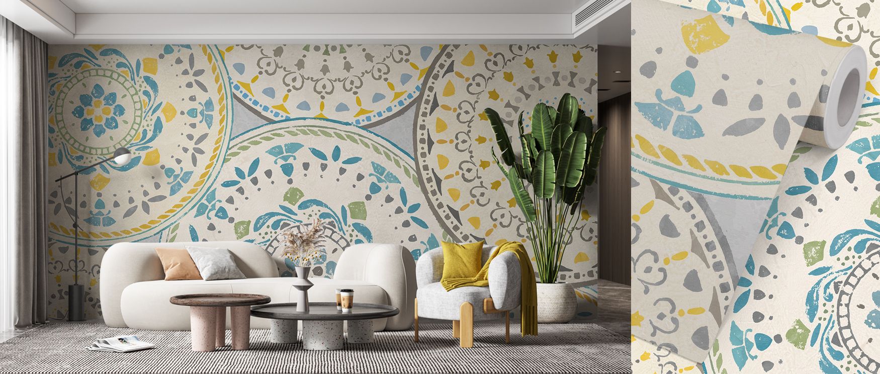 Golden brightness flows within the Spanish Impressions Yellow Wallpaper, where ornamental motifs and vibrant tones add movement and energy, creating radiant walls in bedrooms or offices filled with Mediterranean charm and design tradition. 