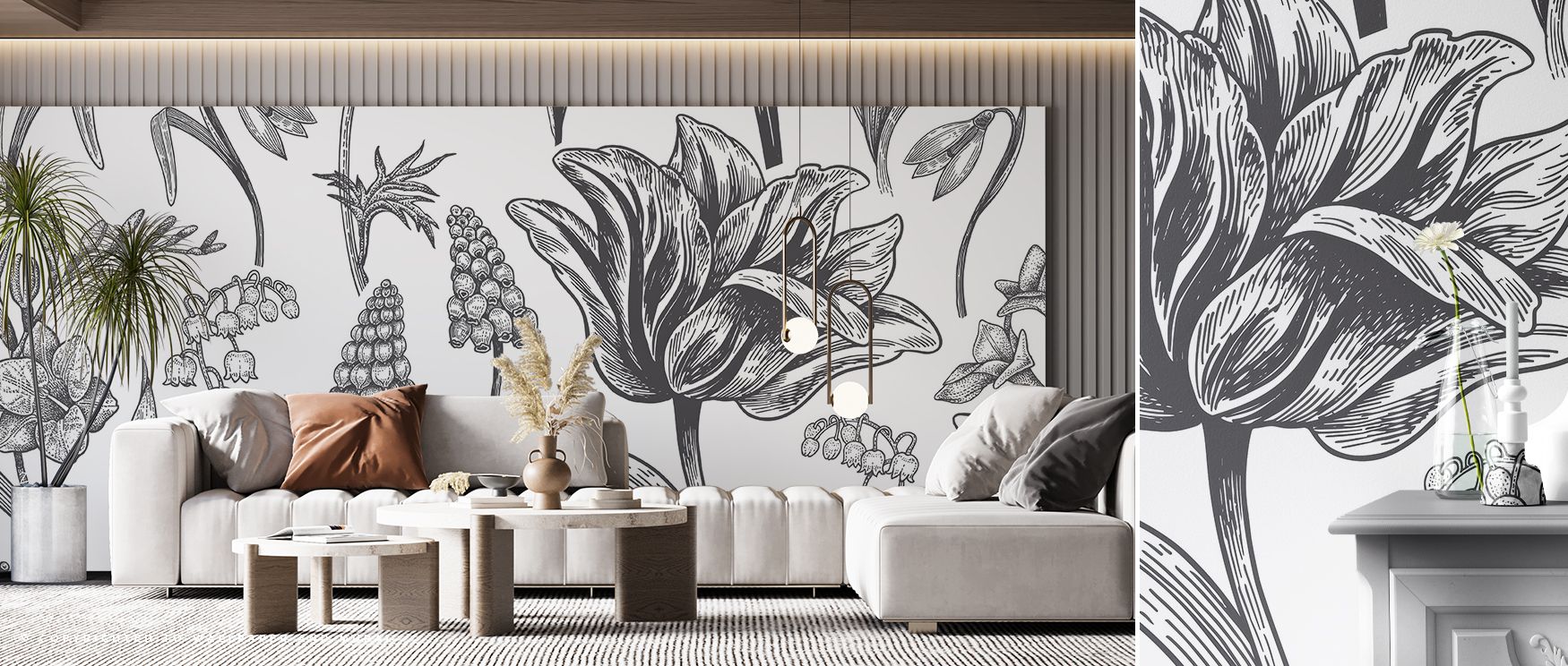 Artistic balance shines in the Spring Flower Sketching Wallpaper, where floral sketches merge with shading to create harmony, offering offices or bedrooms serene interiors filled with poetic floral grace. 