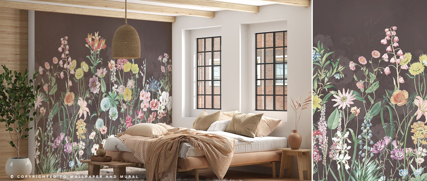 Gentle tones within Spring Flowers in Brown Wallpaper weave blossoms into a tapestry of subtle beauty, blending light and shadow into surfaces that radiate calm energy, shaping interiors like living rooms, bedrooms, or offices into spaces enriched with na