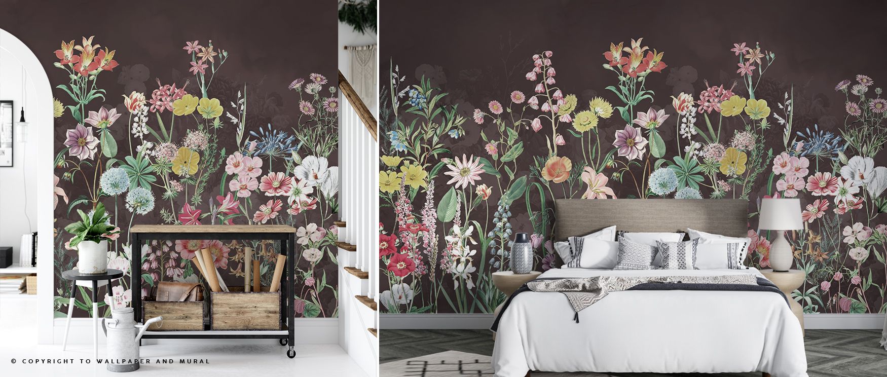 Surfaces gain character through Spring Flowers in Brown Wallpaper as blossoms seem to scatter gently, creating motion that transforms interiors into settings where floral detail resonates with warm grounding tones, lending bedrooms, offices, or living roo