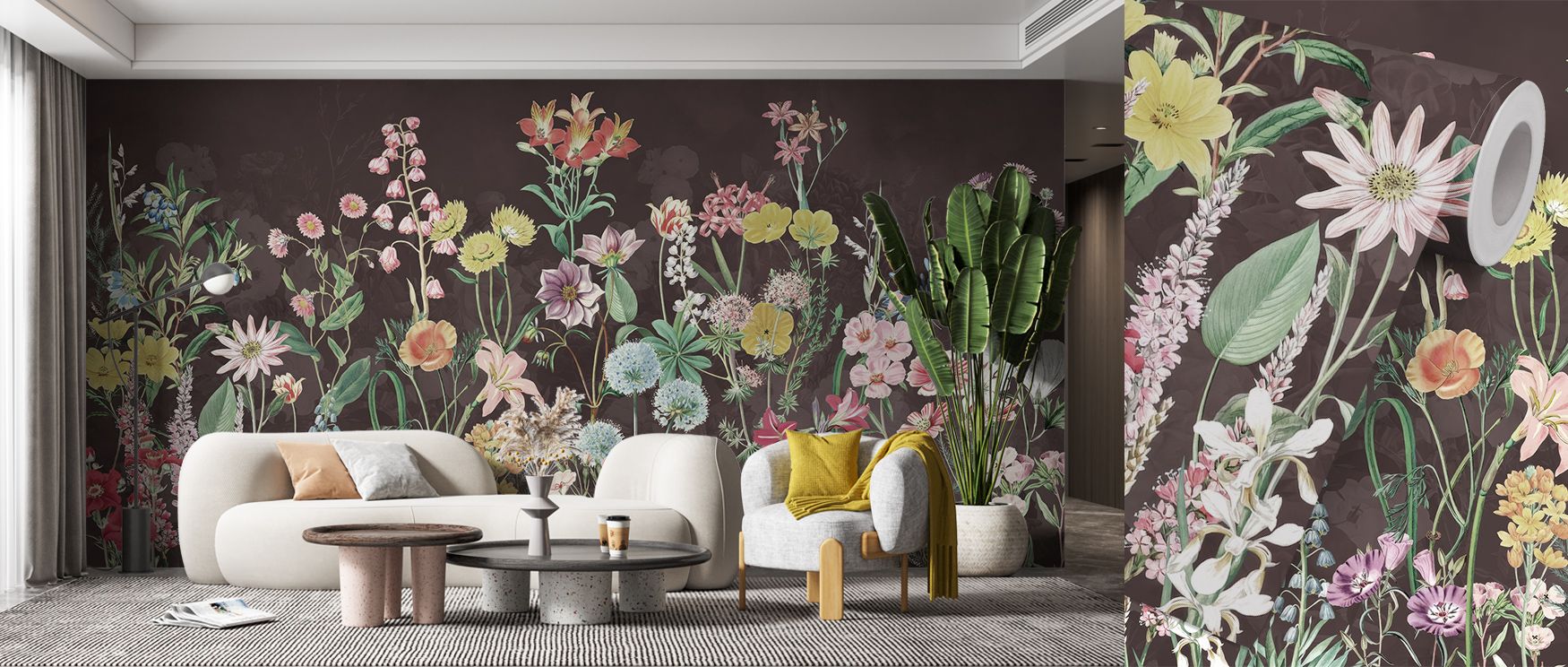 The floral imagery of Spring Flowers in Brown Wallpaper suggests renewal through delicate forms, where blossoms appear in layered succession, producing atmospheres of gentle calmness that enrich living rooms, offices, or bedrooms with grounded warmth, ens