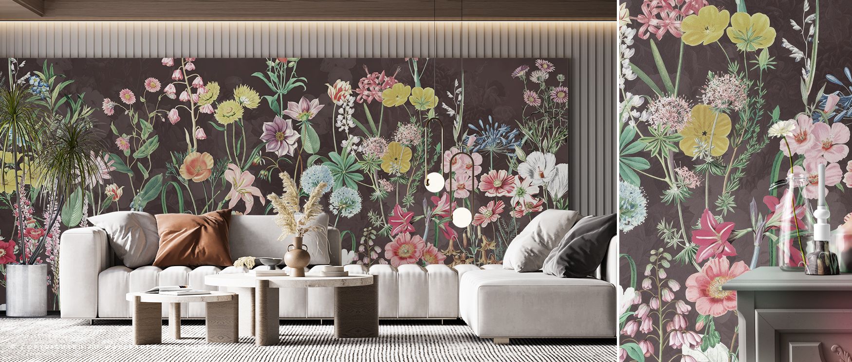 In Spring Flowers in Brown Wallpaper, blossoms drift in organic rhythm that feels both serene and deliberate, filling surfaces with layers of earthy tones and natural grace, offering interiors like bedrooms, offices, or living rooms a backdrop of elegance