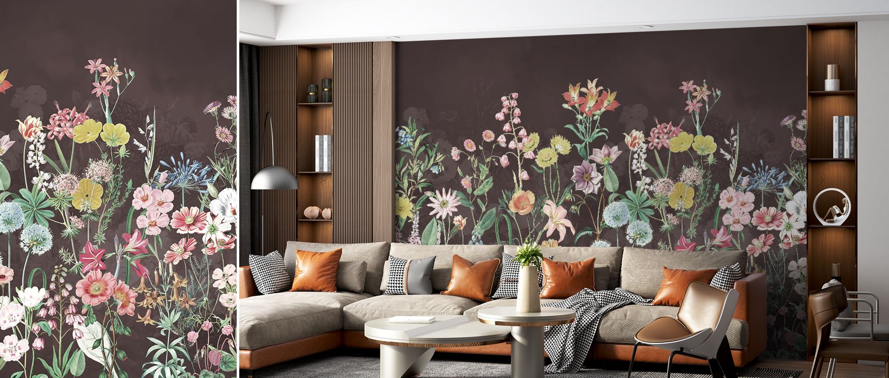 Movement across Spring Flowers in Brown Wallpaper comes from blossoms arranged with soft harmony, their brown tones expanding depth across the wall, making interiors glow with refined natural calmness, where bedrooms, offices, or living rooms are enriched