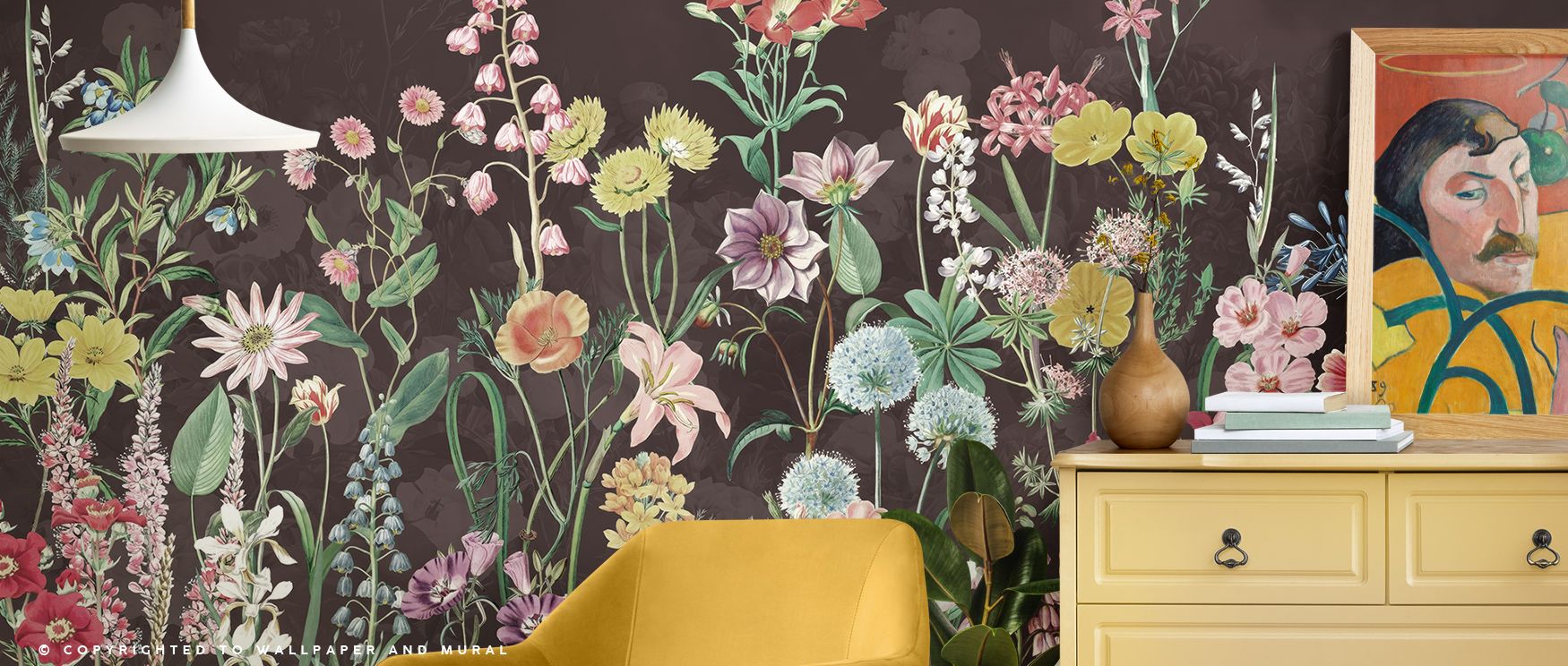 Light and shadow interact within Spring Flowers in Brown Wallpaper, revealing blossoms that shift gently across surfaces, lending rooms atmospheres of depth and warmth, producing offices, bedrooms, or living rooms defined by floral artistry that feels bot