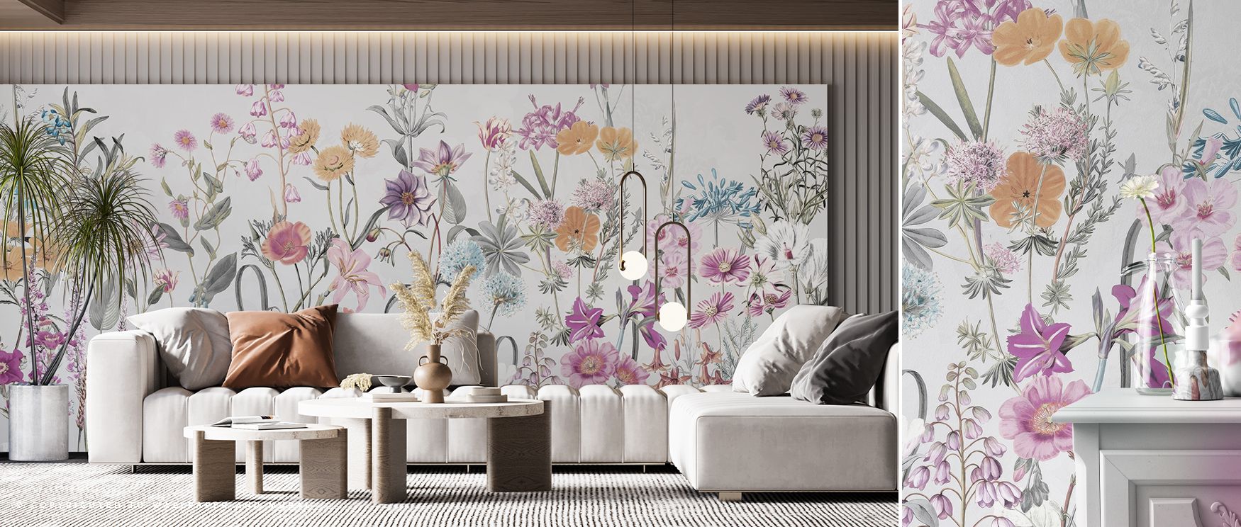 In Spring Flowers in Grey Wallpaper, blossoms are arranged with deliberate softness that shapes atmosphere into tranquil settings, enriching living rooms, offices, or bedrooms with floral imagery that feels refined, offering visual serenity and modern ele