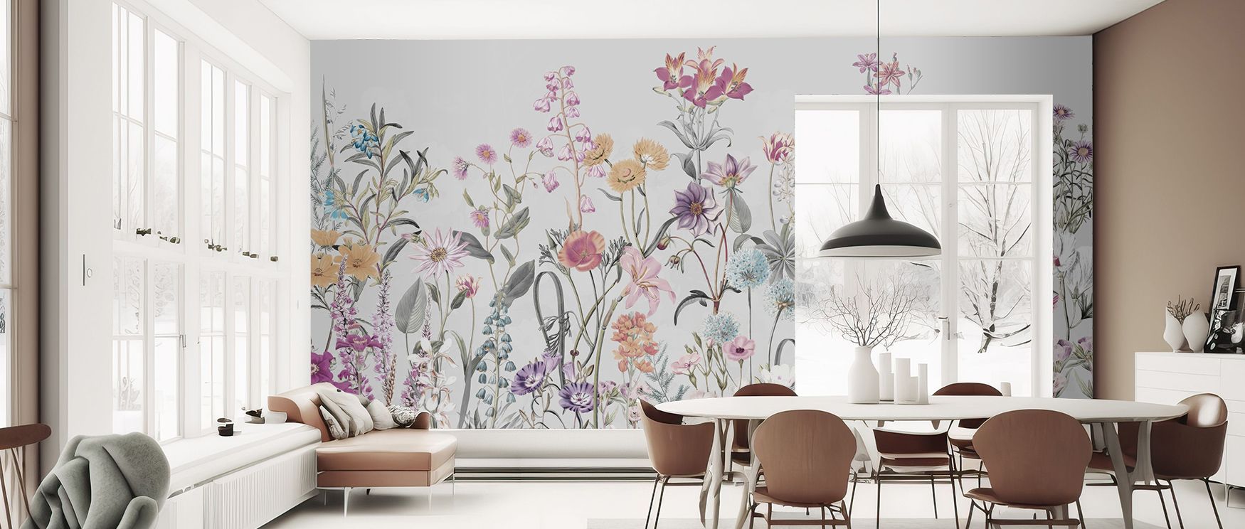 Spring Flowers in Grey Wallpaper translates floral grace into delicate textures that spread softly across walls, offering interiors harmony and rhythm, enriching bedrooms, living rooms, or offices with calm energy, allowing floral artistry to serve as tim