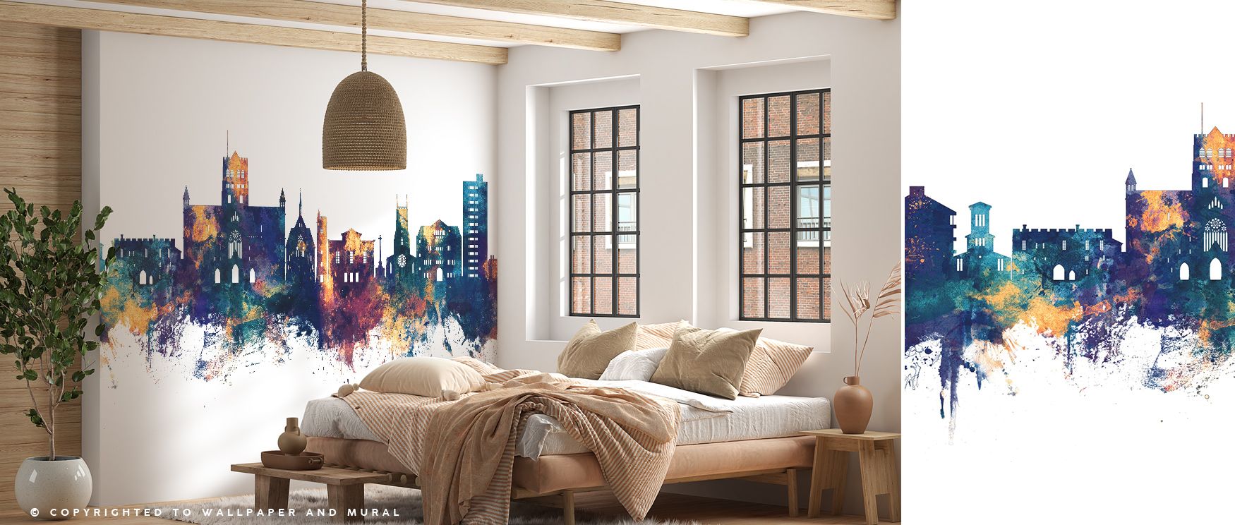 St Albans Skyline Wallpaper transforms walls into narratives of architecture, where blue and bronze structures rise with elegance, offering interiors atmosphere of history and artistry, filling bedrooms, offices, or living rooms with imagery that reflects