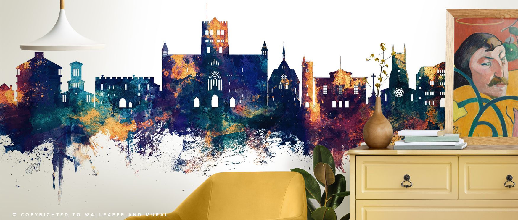 The layered imagery of St Albans Skyline Wallpaper portrays architecture in harmony of bronze and blue, shaping interiors with atmosphere of sophistication that enriches bedrooms, living rooms, or offices, creating balance between cultural beauty and deco
