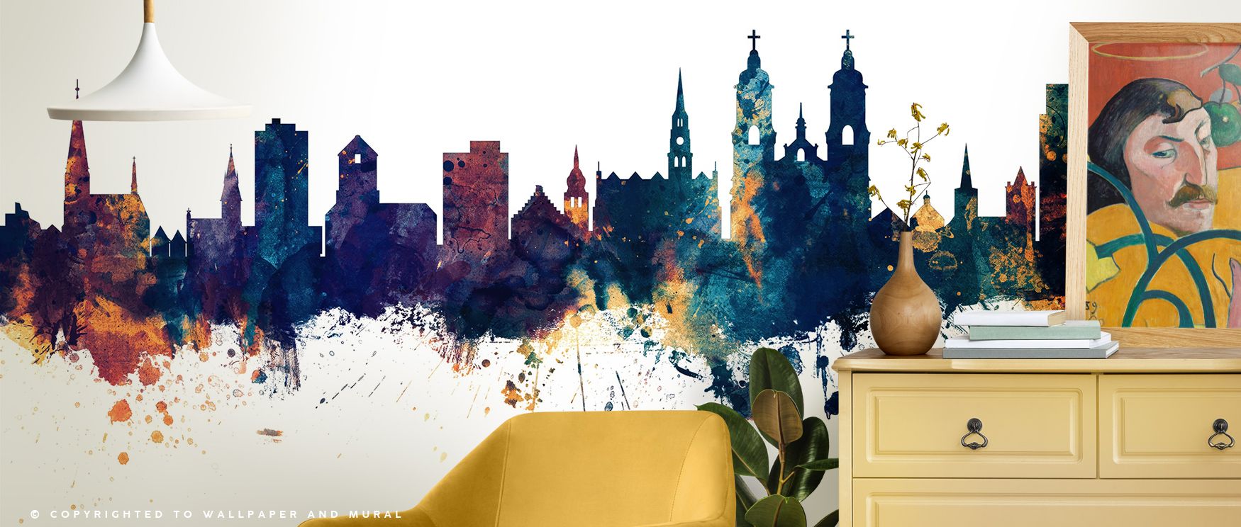 Within St Gallen Skyline Wallpaper, Swiss heritage transforms into artistry, where iconic landmarks are framed in blue and bronze, enriching bedrooms, living rooms, or offices with cultural depth and decorative elegance that feels timeless.