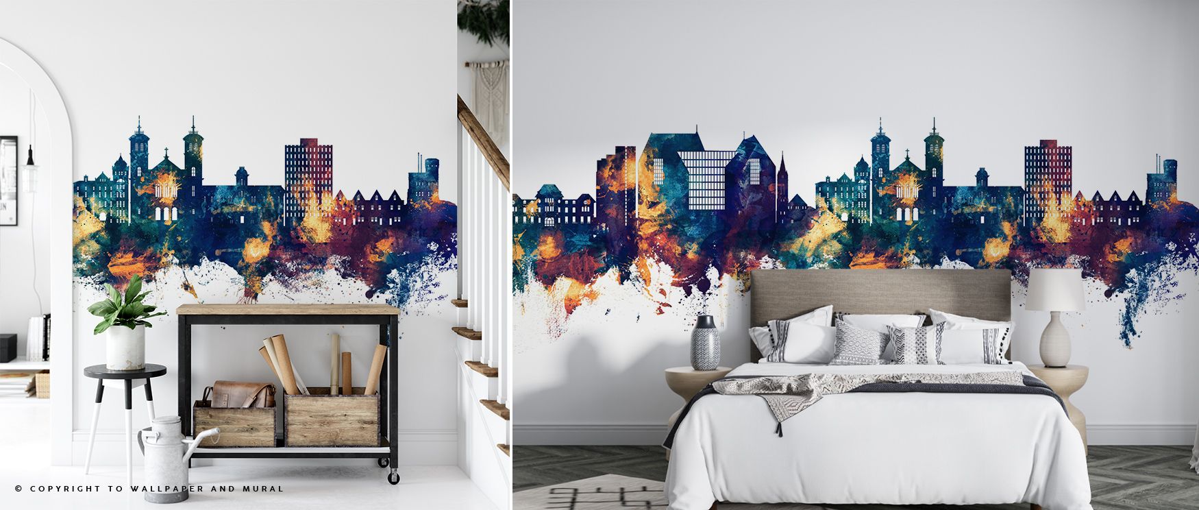 The design of St John’s Skyline Wallpaper blends culture and artistry, where blue and bronze tones create visual balance, enhancing interiors with decorative elegance that turns bedrooms, offices, or living rooms into settings of refinement. 