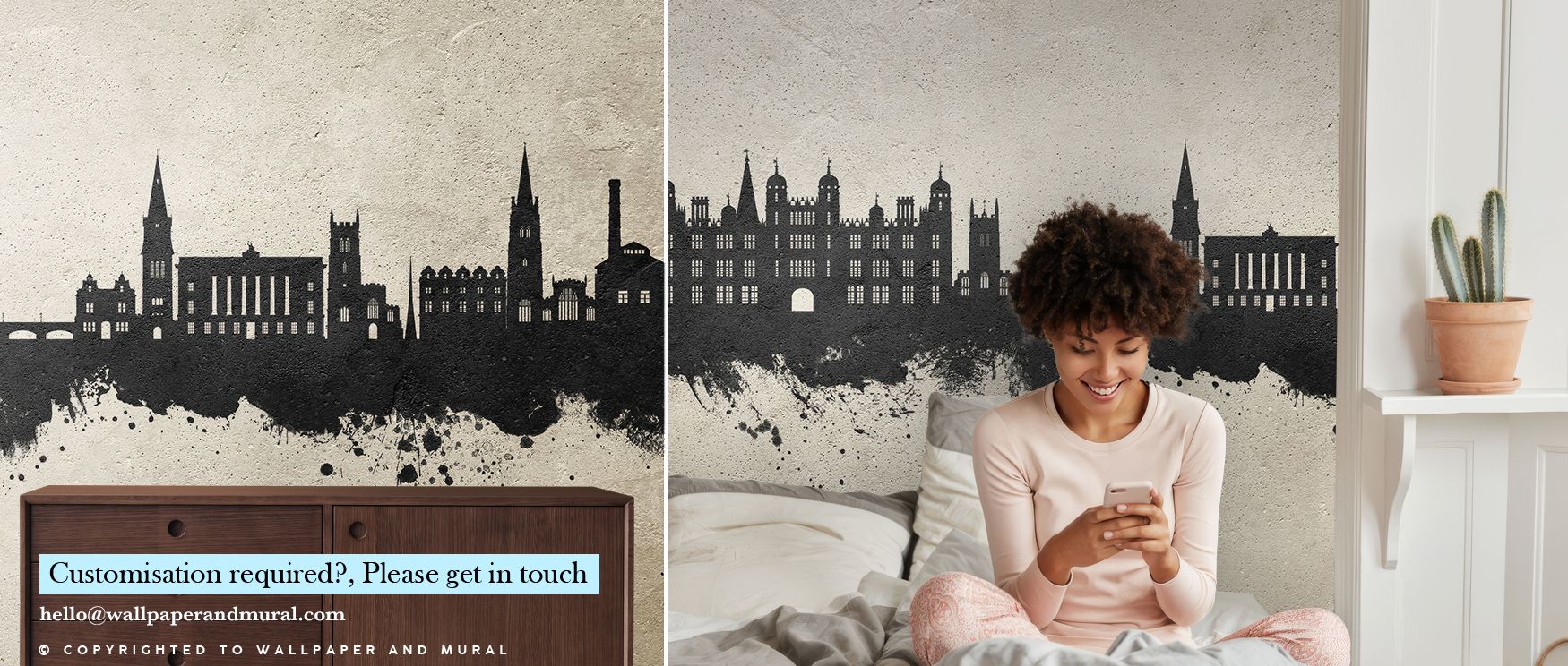 In Stamford England Skyline Concrete Wallpaper, landmarks appear framed in muted tones that emphasize depth and rhythm, shaping interiors into refined bedrooms, offices, or living rooms filled with decorative sophistication and cultural heritage. 