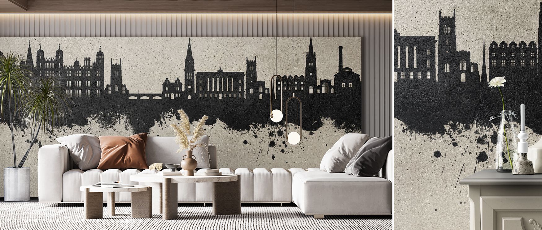 Stamford England Skyline Concrete Wallpaper reflects cultural artistry as architectural silhouettes rise through muted imagery, shaping interiors into offices, bedrooms, or living rooms enriched with decorative sophistication and heritage. 