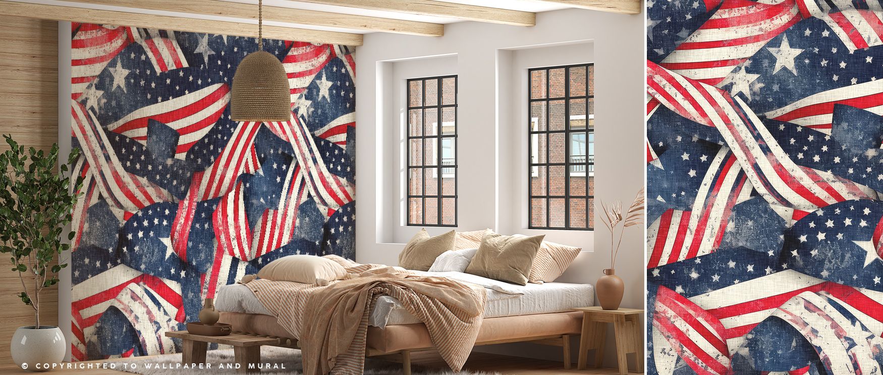 Within Stars & Stripes Wallpaper, stars appear luminous against stripes, producing imagery of rhythm and strength that fills interiors with patriotic atmosphere, enhancing living rooms, bedrooms, or offices with symbolic decorative refinement. 