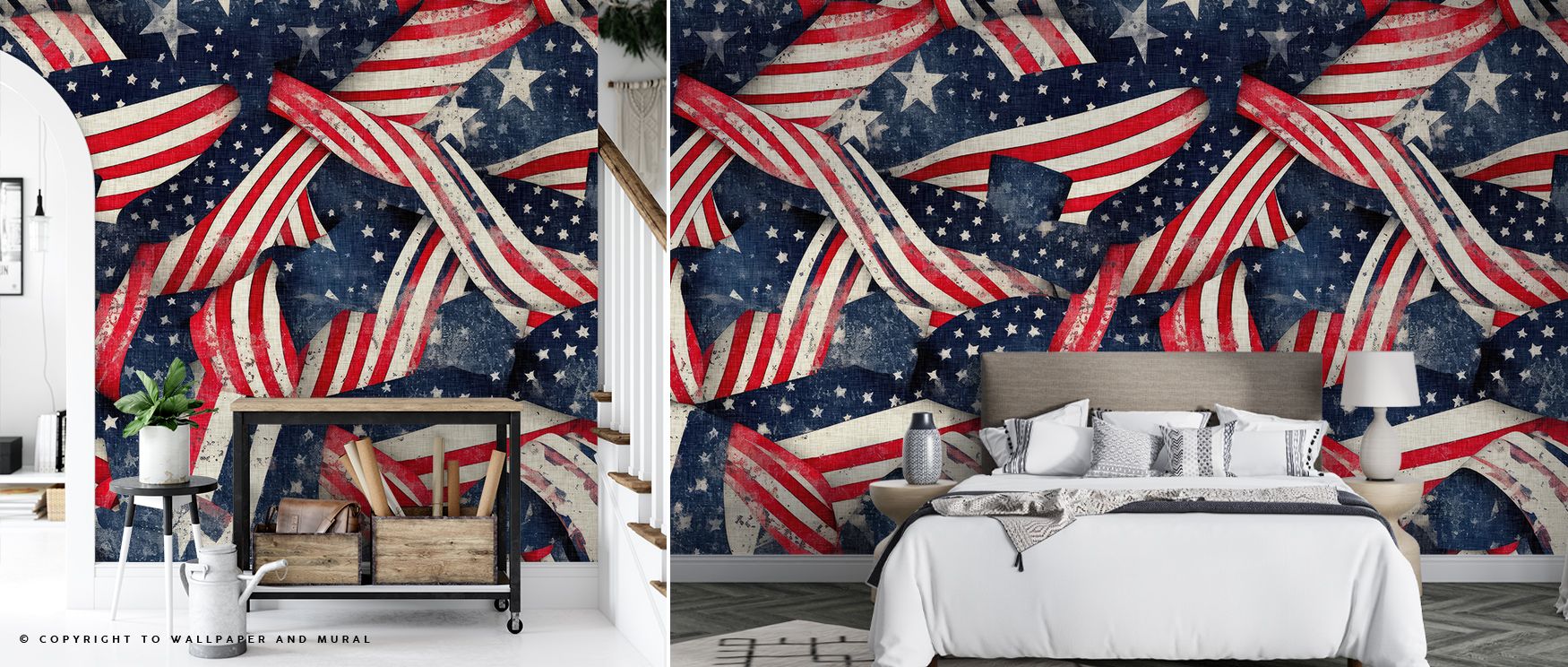 Patriotic charm emerges from Stars & Stripes Wallpaper as imagery flows across surfaces, producing atmosphere that enriches bedrooms, offices, or living rooms with balance of strength, artistry, and timeless decorative presence. 