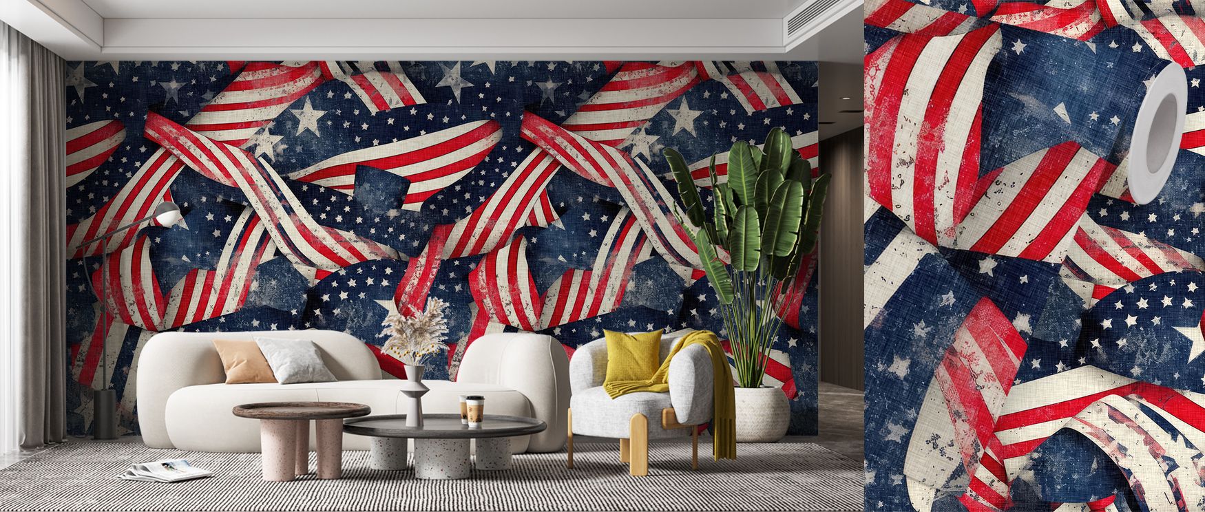 Stars & Stripes Wallpaper portrays vibrancy through its combination of stars and flowing lines, creating imagery of symbolic resonance that fills bedrooms, living rooms, or offices with atmosphere of strength and decorative elegance. 