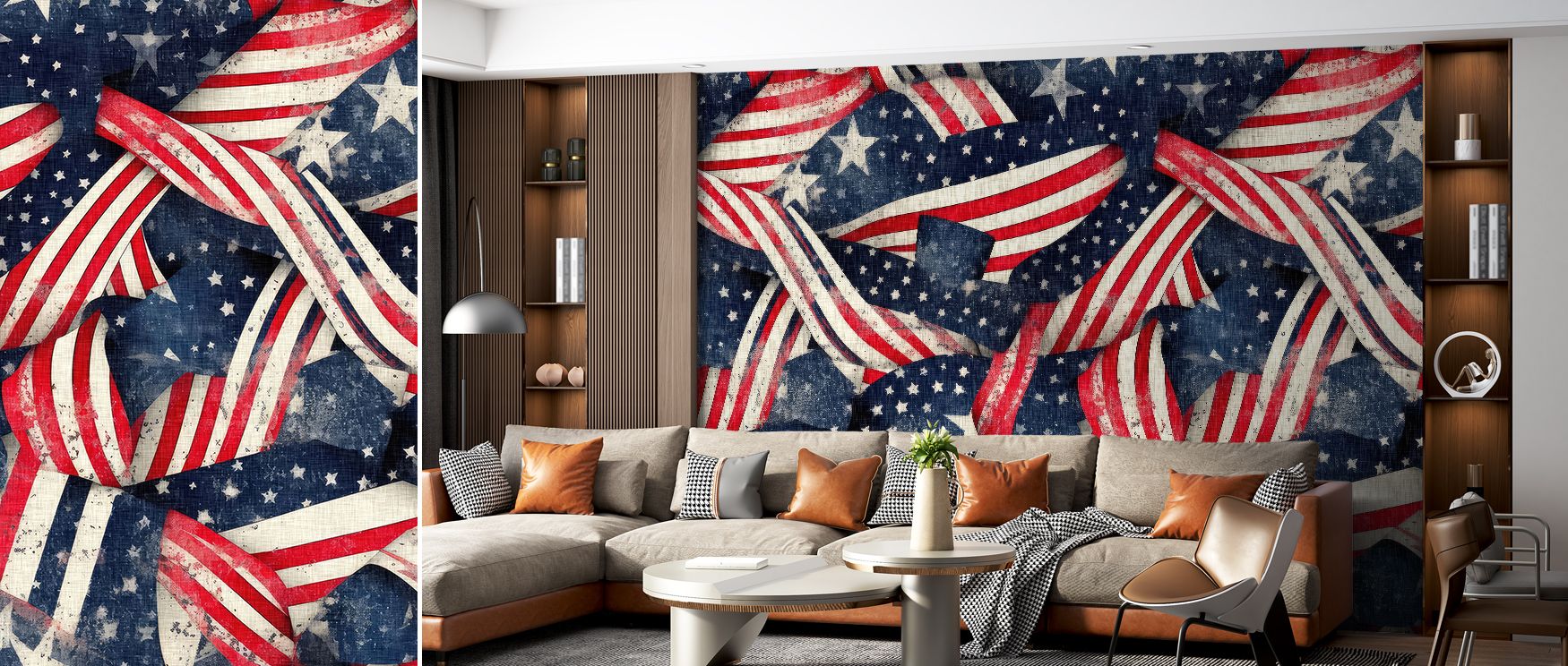 The design of Stars & Stripes Wallpaper translates iconic imagery into flowing artistry, offering interiors atmosphere that enriches living rooms, bedrooms, or offices with balance of cultural strength and decorative refinement. 