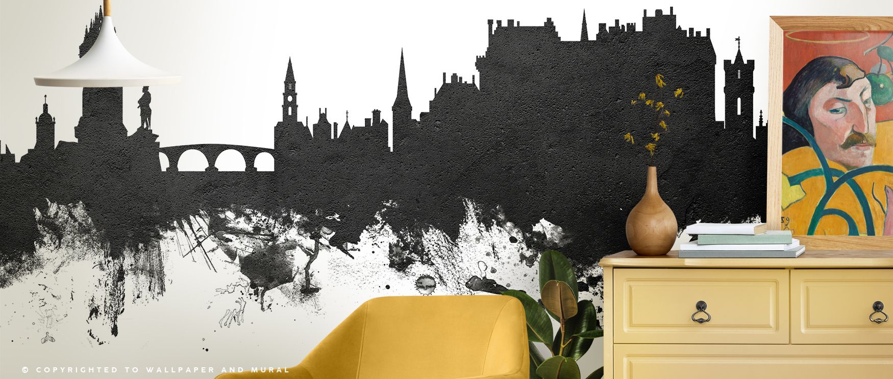 In Stirling Skyline Black & White Wallpaper, light and shadow create rhythm of culture, shaping interiors into refined offices, bedrooms, or living rooms enriched with historical imagery and decorative strength. 