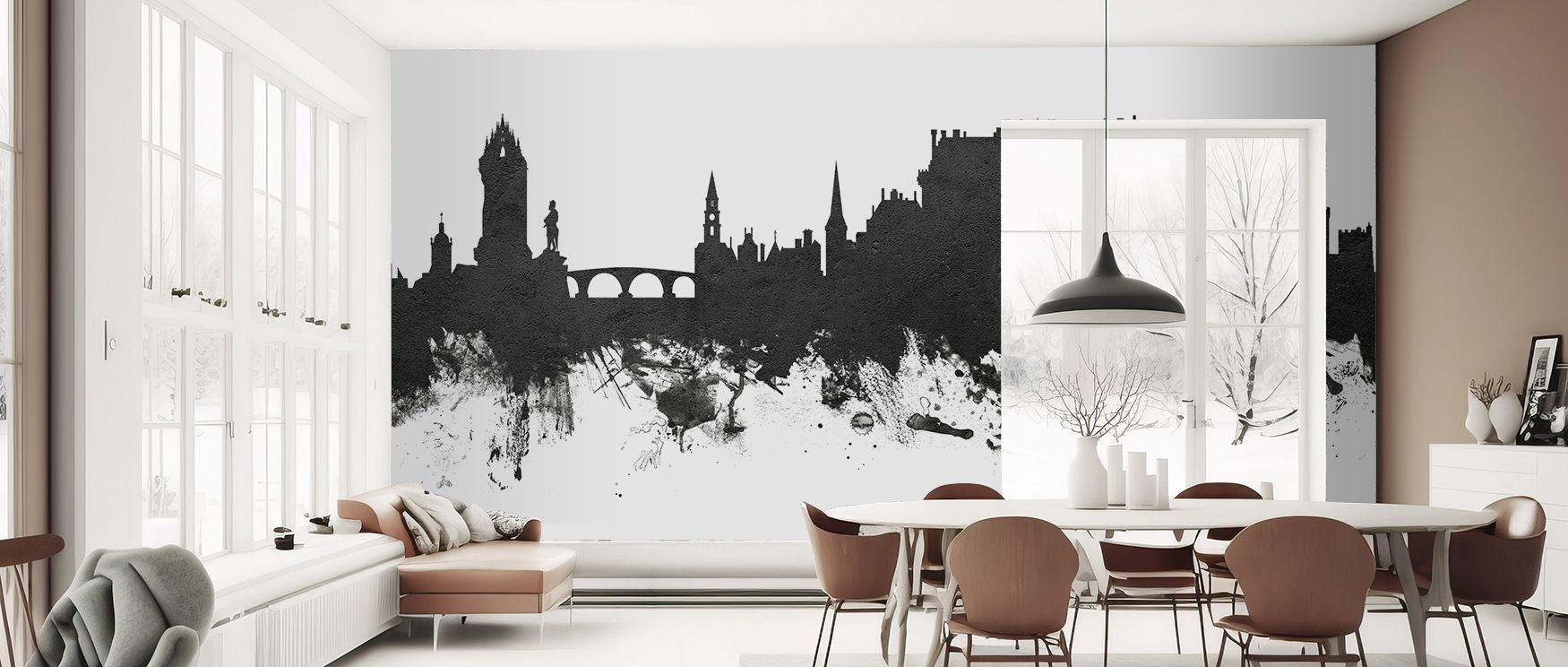 The artistry of Stirling Skyline Black & White Wallpaper lies in its ability to elevate historical imagery into decorative rhythm, producing atmosphere that enhances bedrooms, offices, or living rooms with cultural resonance and elegance.