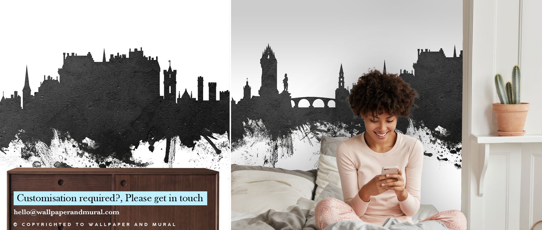 Across Stirling Skyline Black & White Wallpaper, landmarks appear illuminated in monochrome tones, producing surfaces filled with cultural resonance, shaping bedrooms, offices, or living rooms into interiors defined by historical elegance. 
