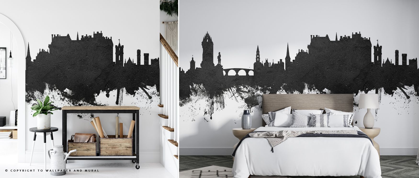Surfaces resonate with cultural charm in Stirling Skyline Black & White Wallpaper as landmarks emerge in strong contrast, enriching interiors with atmosphere of heritage, shaping bedrooms, offices, or living rooms with decorative refinement and timeless a