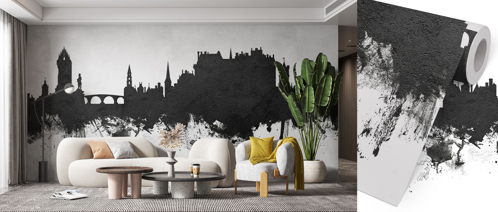 Stirling Skyline Black & White Wallpaper creates depth through balance of tones, producing atmosphere of refinement that enriches offices, bedrooms, or living rooms with cultural imagery rooted in heritage and decorative artistry. 