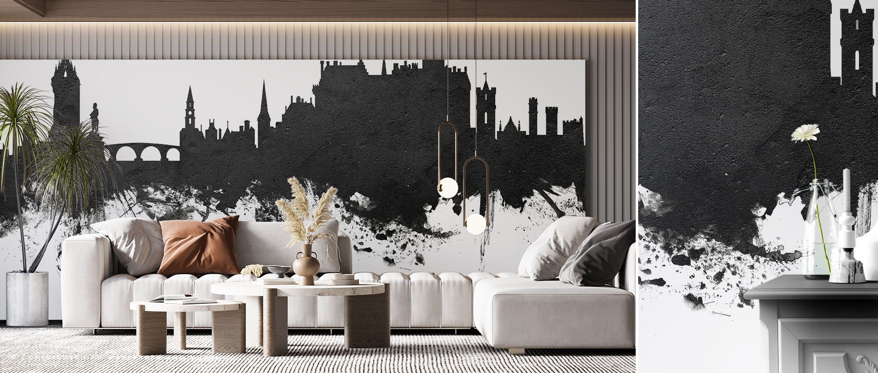 The design of Stirling Skyline Black & White Wallpaper emphasizes cultural resonance by framing architecture in contrasts, shaping interiors into living rooms, offices, or bedrooms enriched with heritage, elegance, and historical rhythm. 
