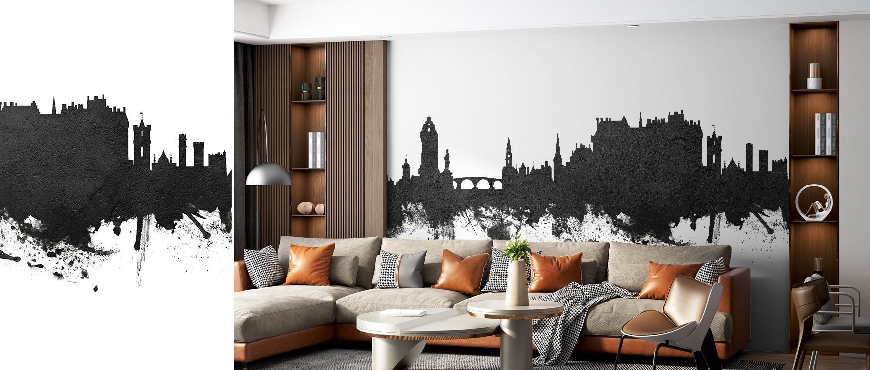 Stirling Skyline Black & White Wallpaper captures heritage through architecture painted in monochrome, producing surfaces that enrich bedrooms, offices, or living rooms with decorative artistry and historical resonance. 