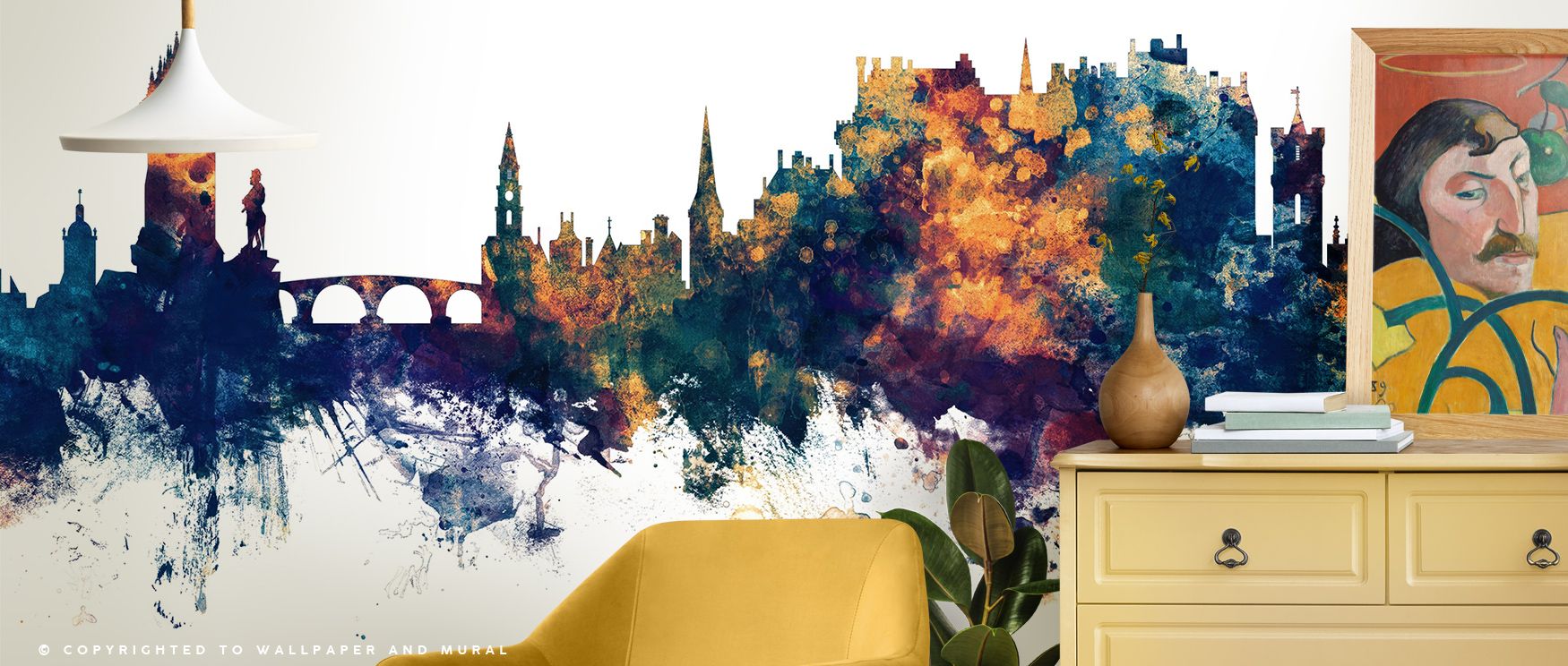Stirling Skyline Blue & Bronze Wallpaper reflects cultural artistry in layered tones, creating surfaces filled with atmosphere that enriches bedrooms, offices, or living rooms with historical refinement and modern decorative rhythm. 