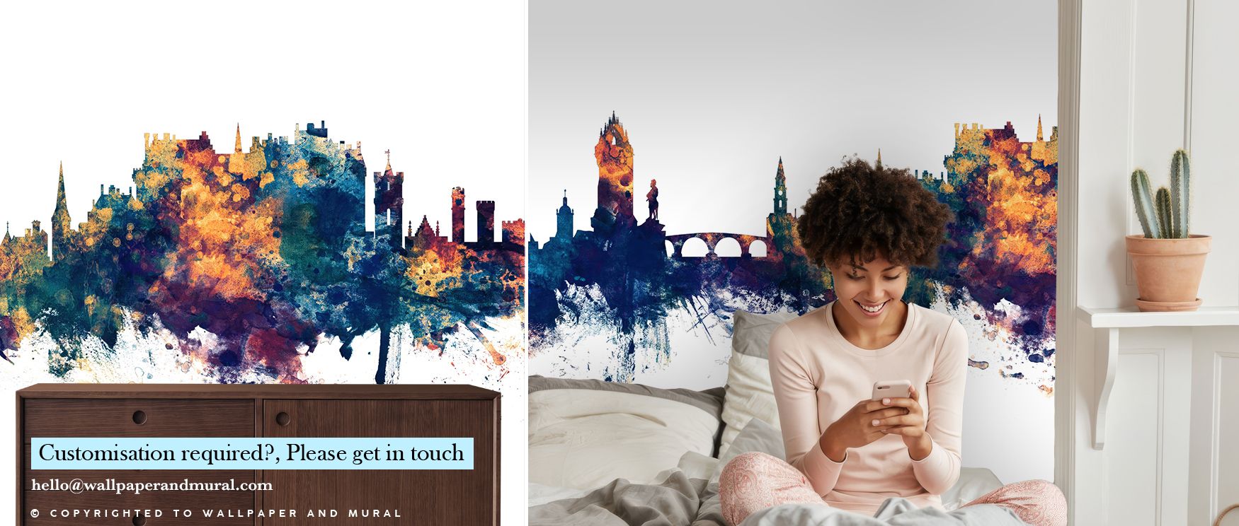 In Stirling Skyline Blue & Bronze Wallpaper, landmarks glow in bronze against blue depth, shaping interiors into refined offices, bedrooms, or living rooms enriched with decorative artistry, cultural elegance, and modern refinement. 