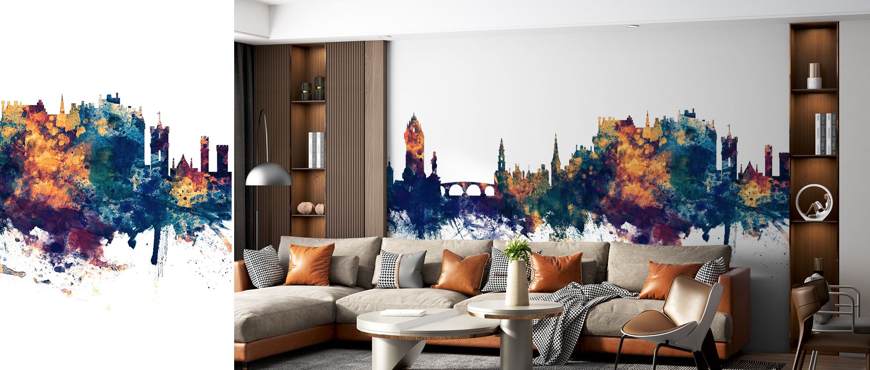 Within Stirling Skyline Blue & Bronze Wallpaper, landmarks are framed with luminous contrasts, producing atmosphere that enhances living rooms, offices, or bedrooms with elegance, heritage, and decorative sophistication. 