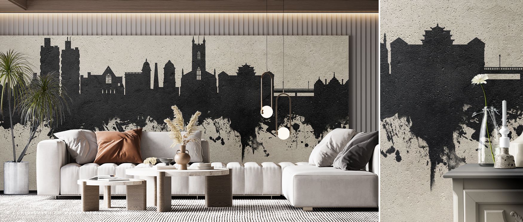 Surfaces glow with Stoke-on-Trent Skyline Concrete Wallpaper as textured silhouettes produce rhythm that enriches bedrooms, offices, or living rooms with atmosphere of cultural heritage and historical refinement. 