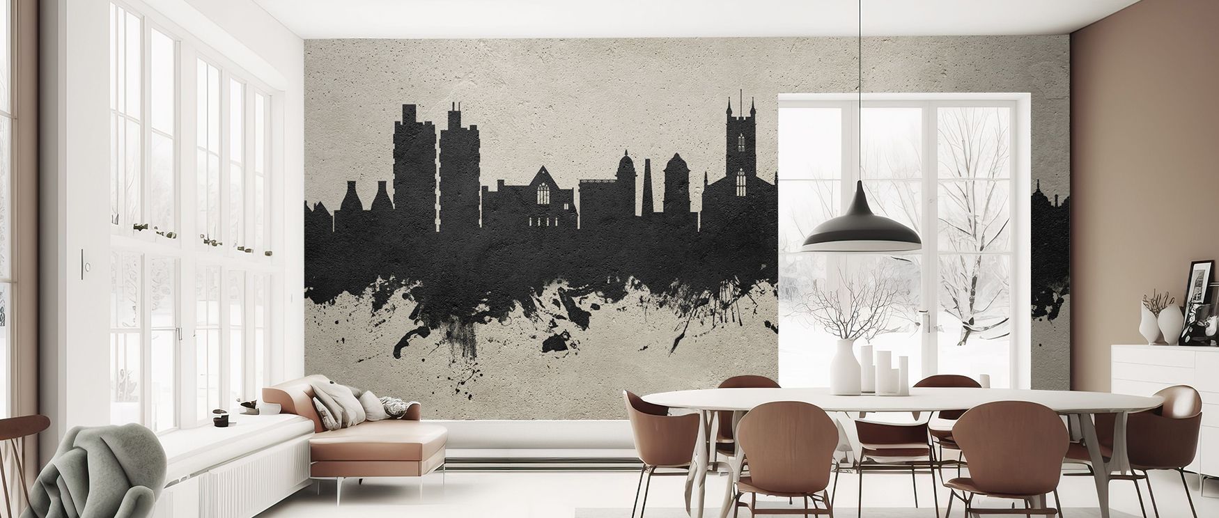 Stoke-on-Trent Skyline Concrete Wallpaper reflects cultural artistry by shaping architecture in textured tones, producing atmosphere that enriches bedrooms, offices, or living rooms with heritage, elegance, and decorative sophistication.