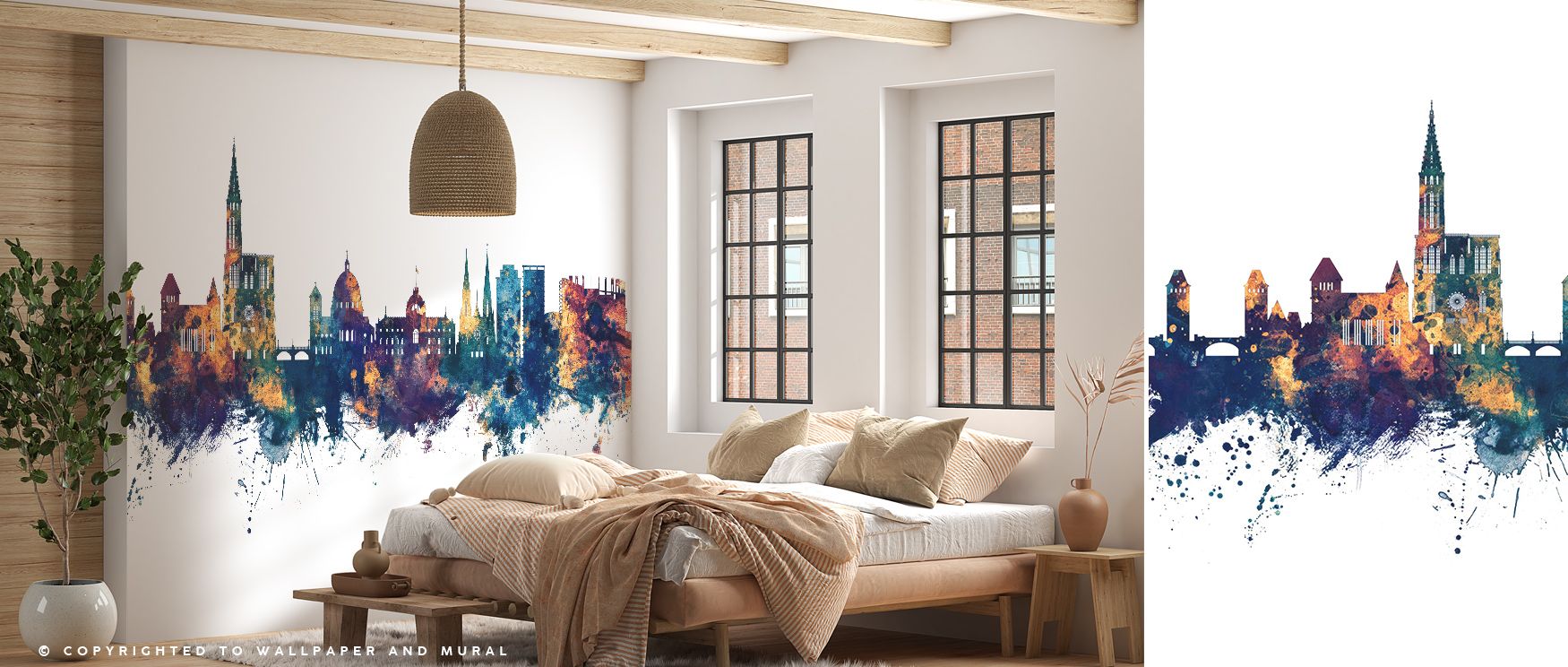 In Strasbourg Skyline Blue & Bronze Wallpaper, heritage is translated into decorative imagery, where blue tones support bronze highlights, creating atmosphere that shapes offices, bedrooms, or living rooms into spaces filled with cultural sophistication. 