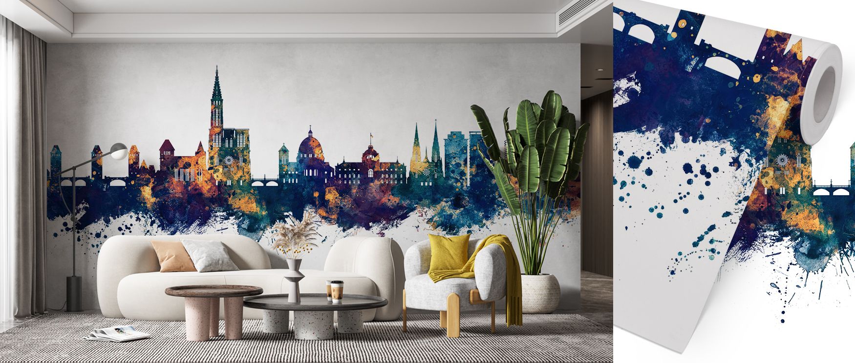Surfaces glow in Strasbourg Skyline Blue & Bronze Wallpaper as bronze details illuminate architectural forms, creating atmosphere of cultural artistry that enriches bedrooms, offices, or living rooms with decorative refinement and modern rhythm. 