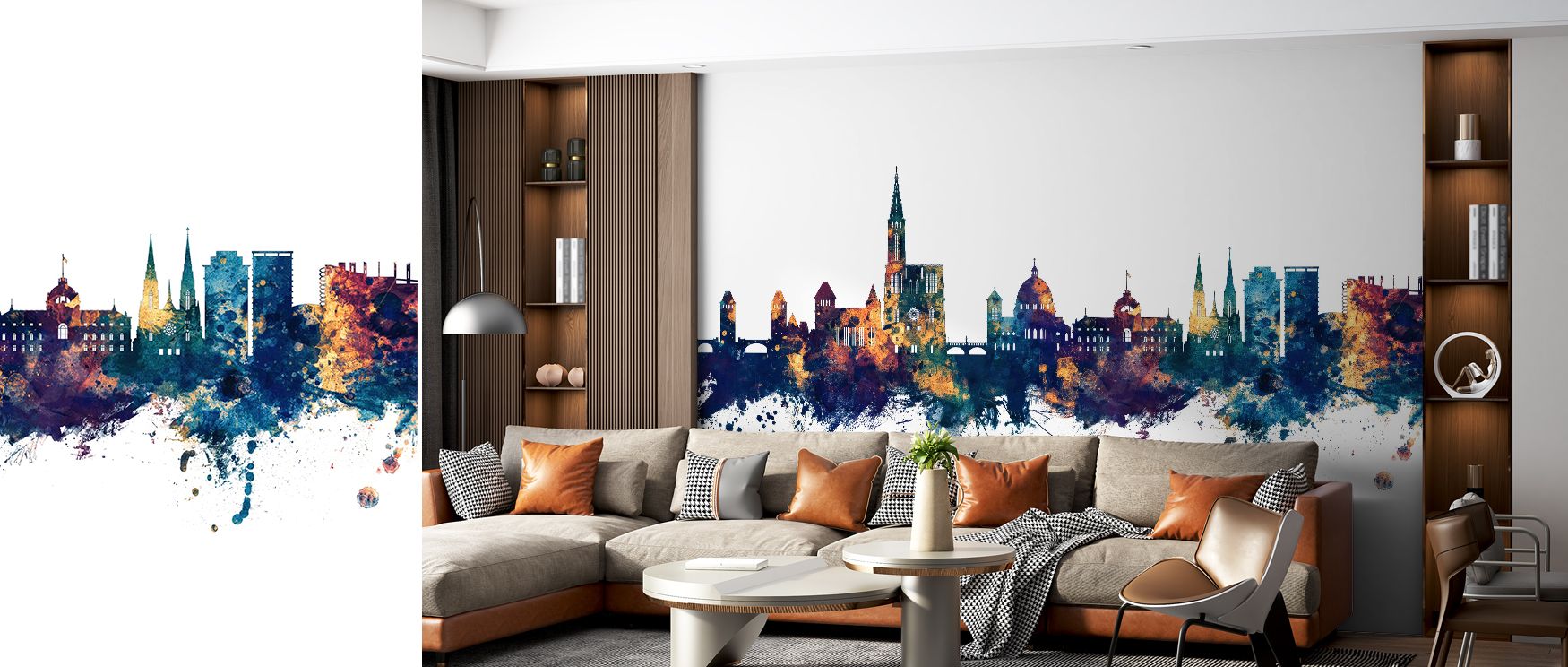 Strasbourg Skyline Blue & Bronze Wallpaper shapes architecture into decorative imagery of rhythm and refinement, producing atmosphere that enhances living rooms, offices, or bedrooms with heritage and artistry. 