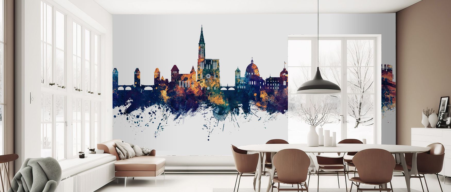 Strasbourg Skyline Blue & Bronze Wallpaper transforms interiors into refined settings where architecture emerges in layered tones, enriching bedrooms, offices, or living rooms with heritage, culture, and decorative rhythm. 