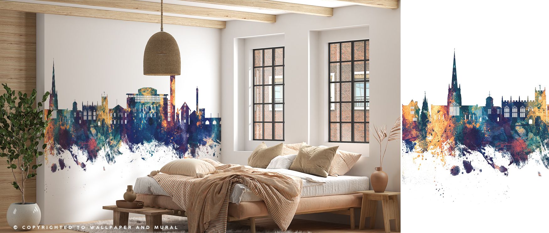 The imagery of Stratford-upon-Avon Skyline Blue & Bronze Wallpaper portrays architecture illuminated in balanced rhythm, producing atmosphere that enriches bedrooms, offices, or living rooms with elegance and heritage expressed through modern artistry. 
