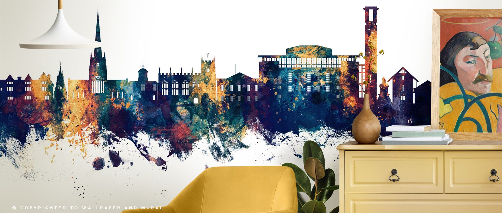 Stratford-upon-Avon Skyline Blue & Bronze Wallpaper conveys balance between heritage and decorative artistry, producing atmosphere that enriches bedrooms, living rooms, or offices with cultural refinement and elegance. 