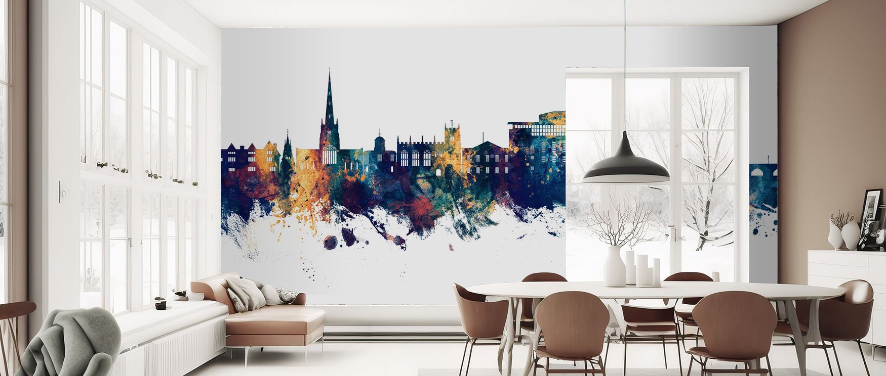 In Stratford-upon-Avon Skyline Blue & Bronze Wallpaper, landmarks are illuminated with depth and rhythm, enriching interiors like bedrooms, offices, or living rooms with decorative charm rooted in cultural sophistication.