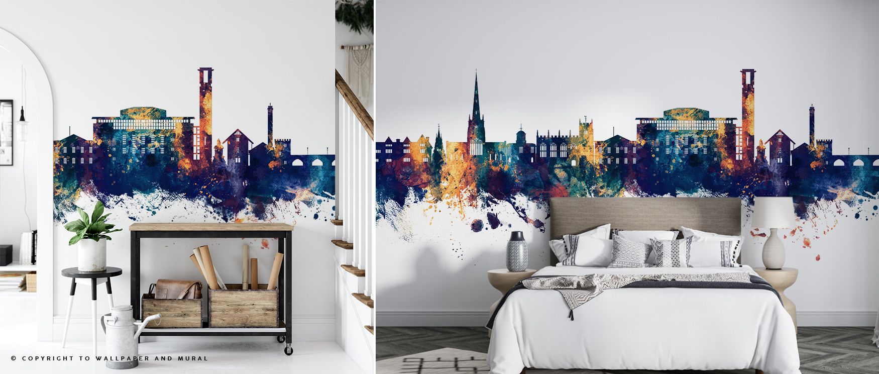 Across Stratford-upon-Avon Skyline Blue & Bronze Wallpaper, architectural silhouettes emerge in luminous tones, shaping interiors into spaces enriched with heritage, refinement, and decorative artistry. 