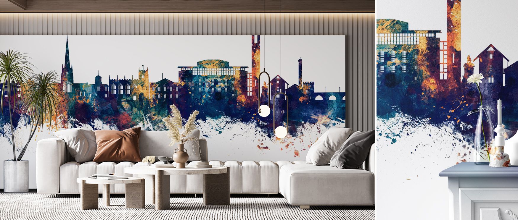 Surfaces gain elegance in Stratford-upon-Avon Skyline Blue & Bronze Wallpaper as bronze highlights glow across blue tones, creating atmosphere that enhances bedrooms, offices, or living rooms with heritage and cultural artistry. 