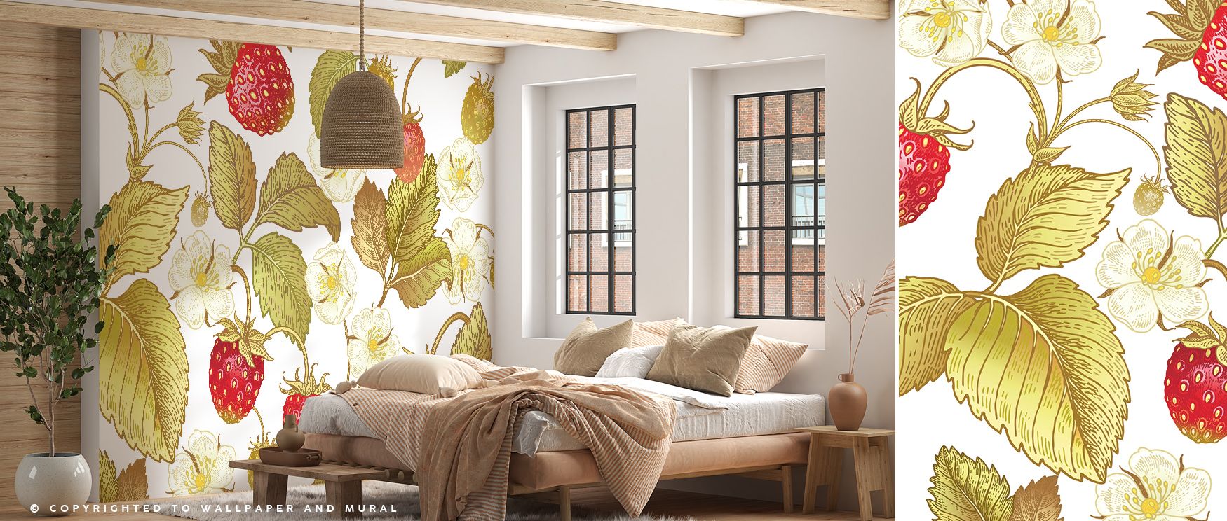 Strawberry Field Wallpaper Mural conveys seasonal energy through layered imagery of berries and leaves, shaping interiors into living rooms, bedrooms, or offices filled with calm rhythm, decorative artistry, and timeless natural presence. 