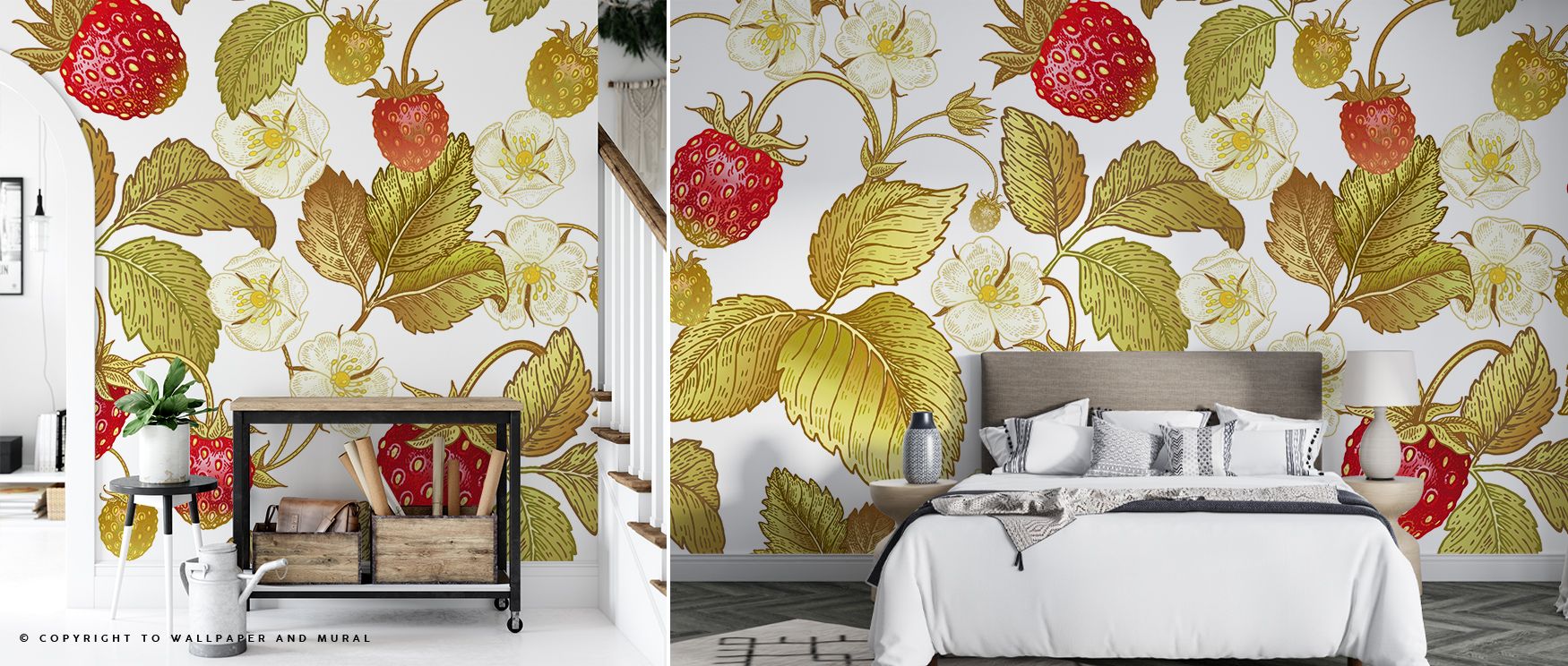 Strawberry Field Wallpaper Mural reflects natural charm through imagery of berries and blossoms, creating atmosphere that enriches offices, bedrooms, or living rooms with balance, decorative rhythm, and refined seasonal artistry. 