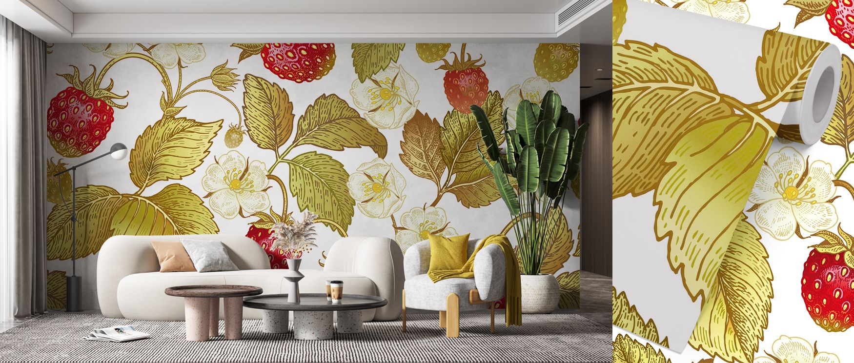 Across Strawberry Field Wallpaper Mural, patterns of charm expand through surfaces, producing atmosphere that transforms bedrooms, offices, or living rooms with natural resonance, decorative refinement, and serene artistry. 