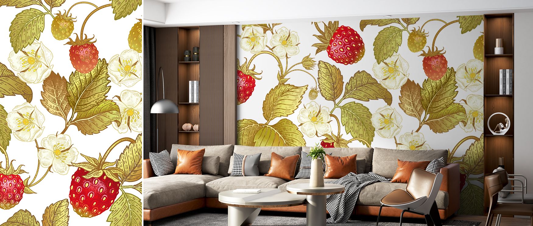 Strawberry Field Wallpaper Mural presents blossoms in natural rhythm, producing atmosphere of serenity that enriches living rooms, offices, or bedrooms with decorative balance, cultural resonance, and refined seasonal presence. 