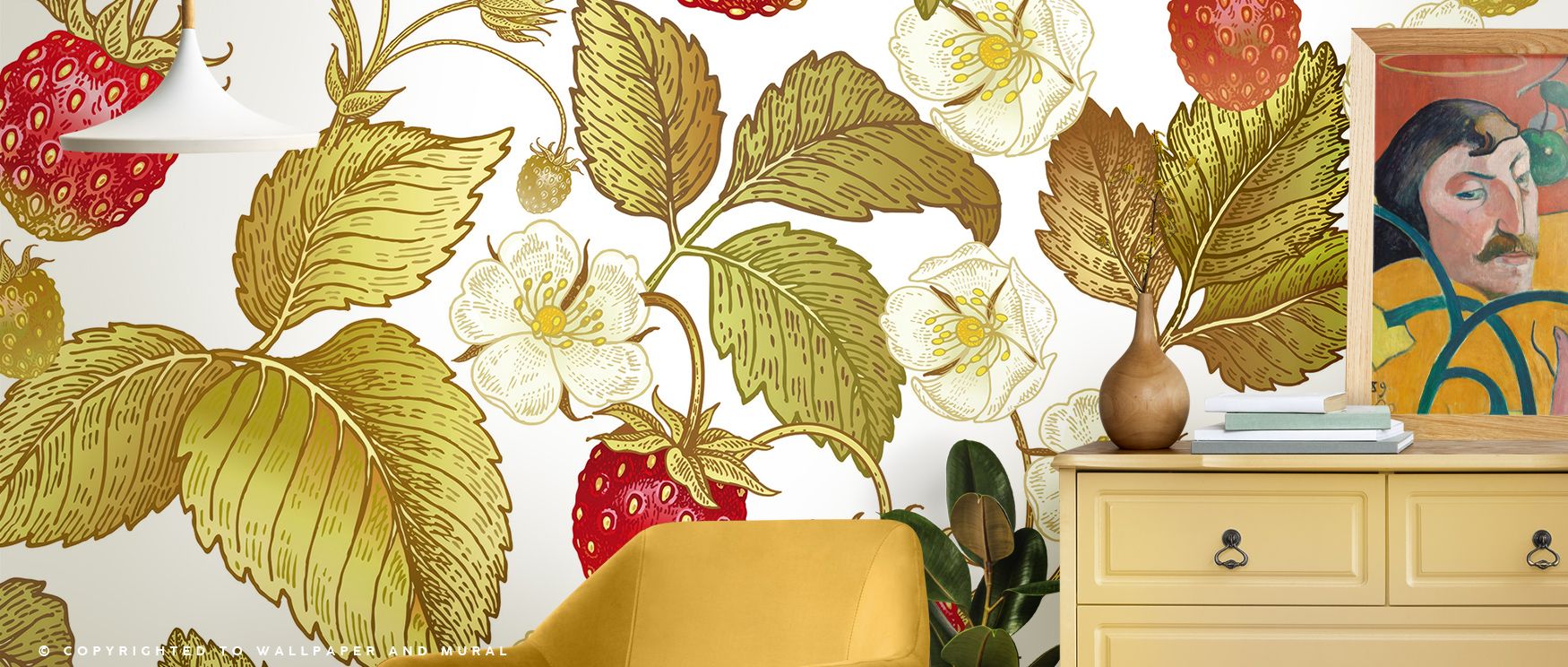 In Strawberry Field Wallpaper Mural, berries and blossoms expand into rhythmic surfaces, producing atmosphere that enriches bedrooms, offices, or living rooms with cultural resonance and decorative artistry. 