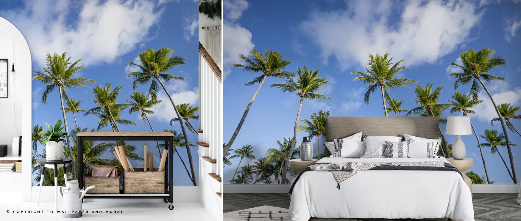 Surfaces glow with Stretching Palm Trees Wallpaper as imagery of palms rises in rhythm, shaping bedrooms, offices, or living rooms into interiors filled with tropical charm, decorative sophistication, and refined cultural artistry. 
