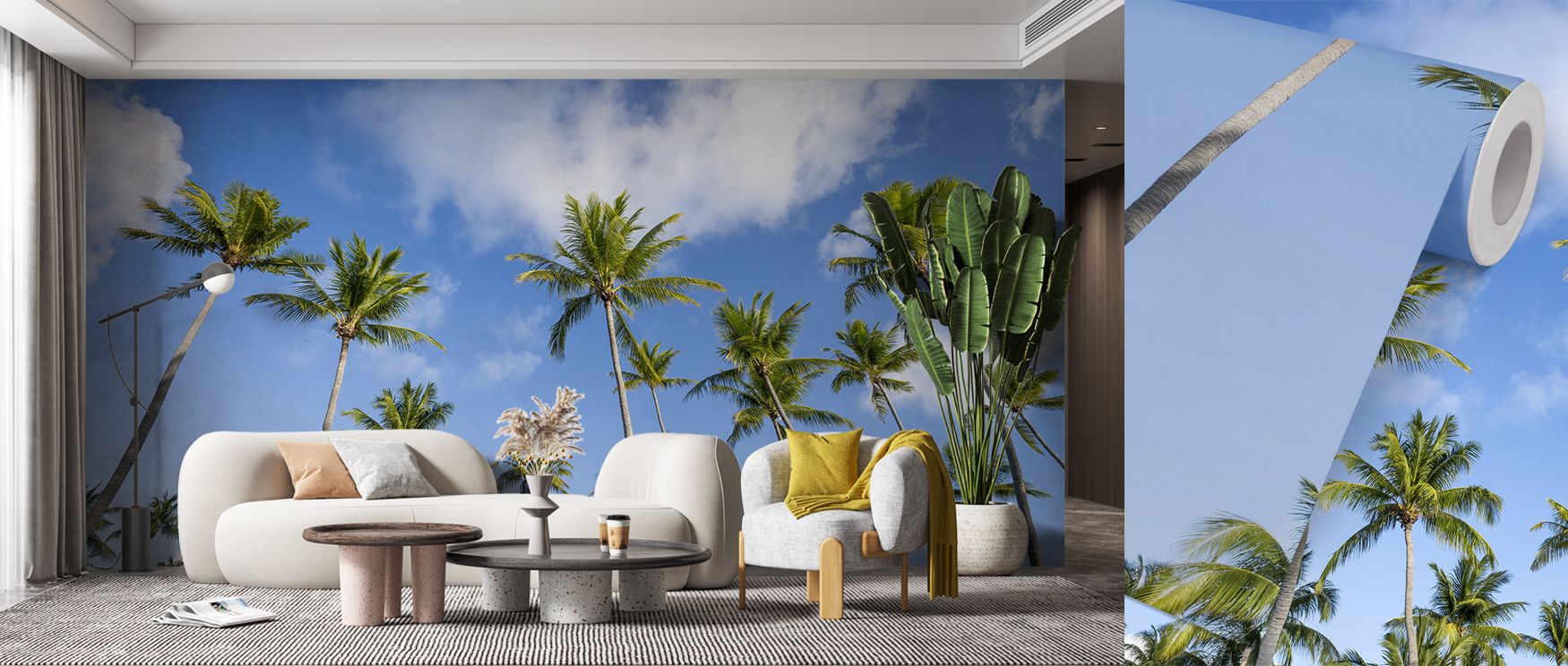 Stretching Palm Trees Wallpaper reflects tropical calm through upward silhouettes, producing atmosphere that enriches interiors like bedrooms, offices, or living rooms with cultural resonance, decorative balance, and natural refinement. 