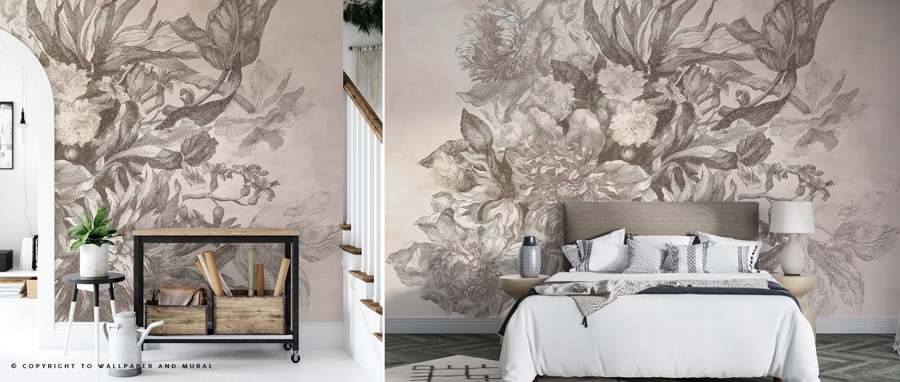 Blossoms in Subtle Bloom Wallpaper seem to hover gracefully across the surface, their muted textures drawing the eye gently, shaping bedrooms, offices, or living rooms into interiors defined by floral refinement and serenity. 