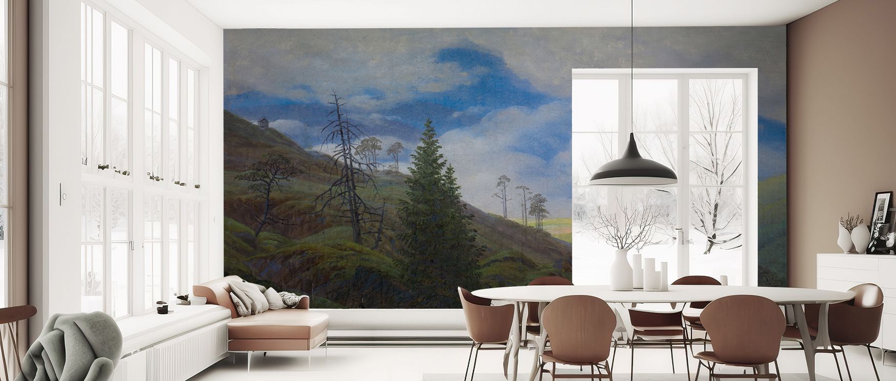 Natural beauty defines Sunburst in the Riesengebirge Wallpaper as sunlight and peaks combine, producing atmosphere that enriches interiors with cultural resonance, shaping bedrooms, offices, or living rooms into serene decorative environments. 